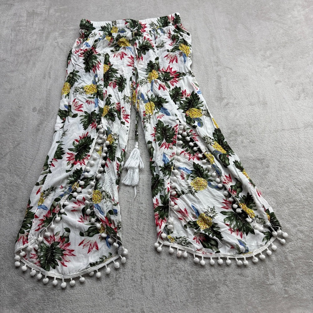 Solitaire Swim Cover Up Pants Women Medium White Tropical Pineapple Pom Pom Slit